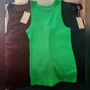 3 New Day Slim Fit High Neck Tank Top Women Small Ribbed Black Brown Green/soft